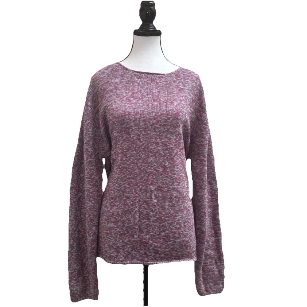 DKNY Classics Sweater Knit Plum Gray Purple SZ L Cotton Rolled Crewneck Y2K NWT